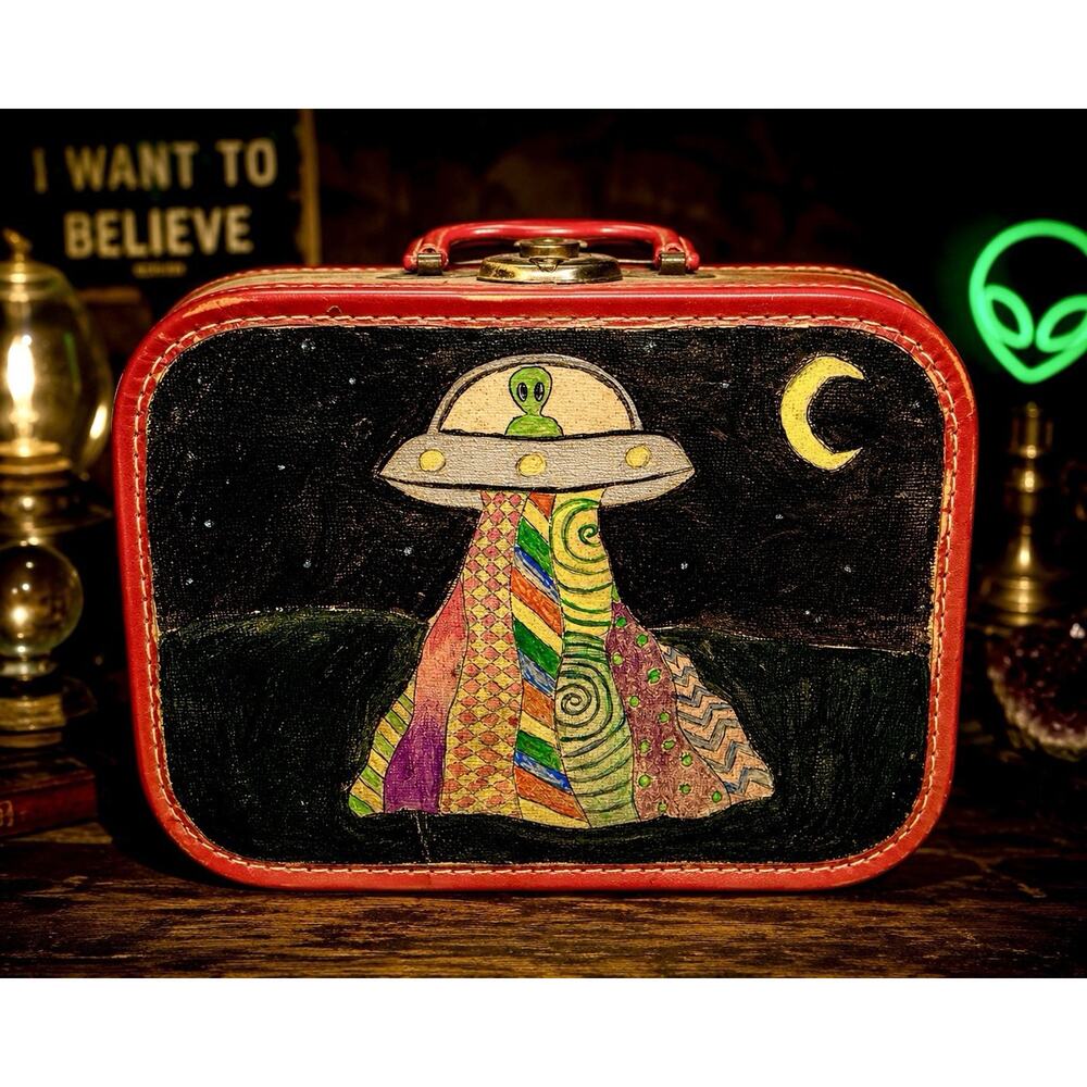 OOAK Vintage UFO Alien Hand Painted Train/Suitcase Psychedelic Folk Art Decor